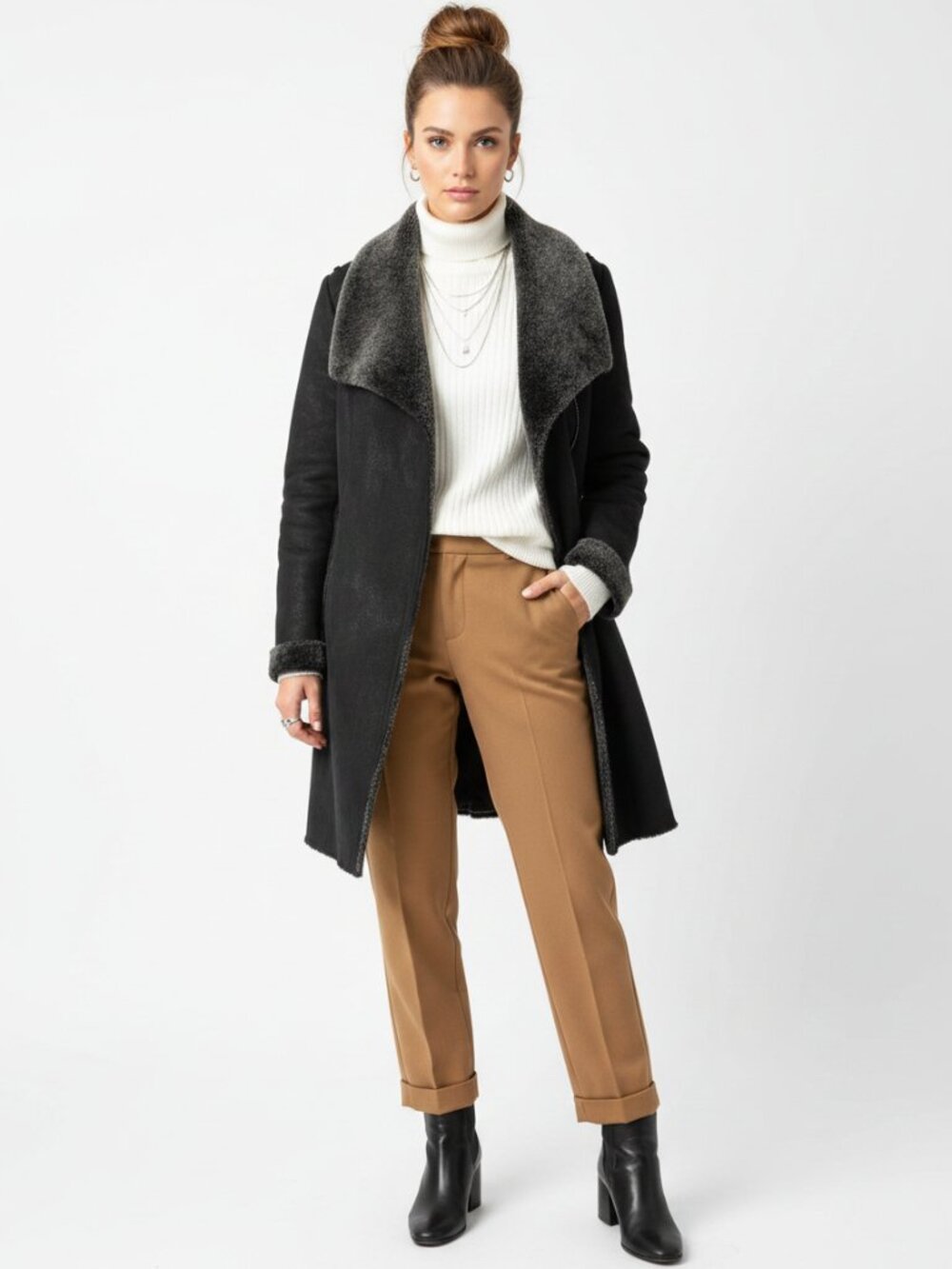 Bebe Black & Gray Shearling Long Sleeve Button Up Coat S - Picture 6 of 6